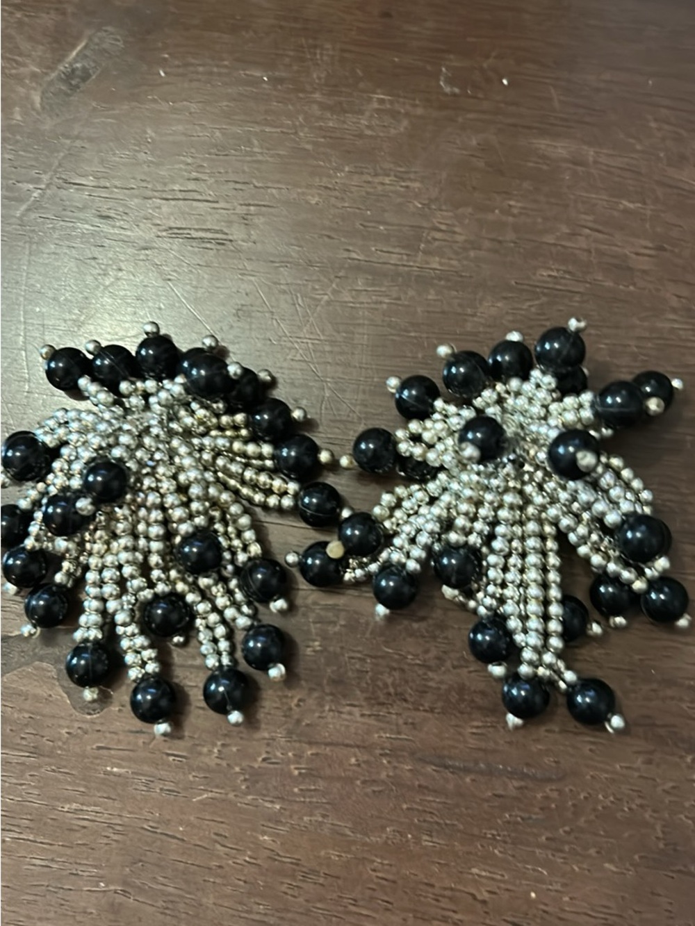 Silver-Tone and Black Beaded Fringe Statement Earrings